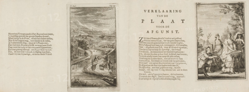Personification of Innocence, surrounded by Envy and Gossip, washes her hands (right plate), Allegory on the pleasures of country life (left plate), Explanation of the plate for envy (right plate), print, book illustration, Numbered on print on the right side of the sheet: Part II, Page: 203. On print on the left side of the sheet: Part II, Page: 244., watermark, printmaker: Johannes Folkema, printmaker: Adolf van der Laan, publisher: Jacobus Verheyde (I), Amsterdam, 1723, paper, etching, letterpress printing, two etchings with text in letterpress on a folded sheet, proof, height 126 mm x width 83 mm x height 141 mm x width 82 mm, height 160 mm x width 207 mm x width 414 mm, Proofs for: Roeland van Leuve. Roeland van Leuve's Mixing Works. Amsterdam: Jacobus Verheyden, 1723., rural life, Envy, 'Invidia' (Ripa), personification of one of the Seven Deadly Sins, Innocence, 'Innocenza', 'Innocenza o purità' (Ripa), Calumny, Detraction, 'Biasimo vitioso', 'Calunnia', 'Detrattione', 'Maledice...