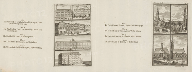 View of the Oude Kerk, the Westerkerk, the Noorderkerk and the Zuiderkerk in Amsterdam (right plate), View of the Prinsenhof, the West Indies Warehouse, the East Indies House, the East Indies Naval Storehouse and the East Indies Warehouse (left plate), print, book illustration, gathering, Numbered on print on the right side of the sheet: Part II. 2. Book., Page: 76. On print on the left side of the sheet: II Part 3. Book.., Page: 103., watermark, printmaker: Adolf van der Laan, printmaker: Johannes Folkema, publisher: Jacobus Verheyde (I), Amsterdam, 1723, paper, etching, letterpress printing, two etchings with text in letterpress on a folded sheet, proof, height 139 mm x width 81 mm x height 130 mm x width 80 mm, height 162 mm x width 209 mm x width 412 mm, Proofs for: Roeland van Leuve. Roeland van Leuve's Miscellaneous Works. Amsterdam: Jacobus Verheyden, 1723., church (exterior), Westerkerk (Amsterdam), Oude Kerk (Amsterdam), Oost-Indisch Huis (Amsterdam), Zuiderkerk (Amsterdam), N...