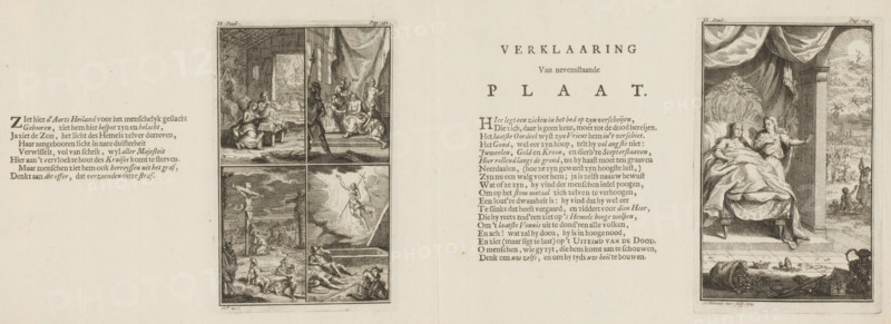 Rich man on his deathbed prepares for the Last Judgment (right plate), Nativity, Mocking, Crucifixion and the Resurrection of Christ (left plate), print, book illustration, Numbered on print on the left side of the sheet: Part II, Page: 131. On print on the left side of the sheet: II. Part., Page: 123., watermark, printmaker: Johannes Folkema, publisher: Jacobus Verheyde (I), Amsterdam, 1723, paper, etching, letterpress printing, two etchings with text in letterpress on a folded sheet, proof, height 129 mm x width 82 mm x height 130 mm x width 83 mm, height 162 mm x width 207 mm x width 412 mm, Proofs for: Roeland van Leuve. Roeland van Leuve's Miscellaneous Works. Amsterdam: Jacobus Verheyden, 1723., deathbed, Last Judgment, the crucifixion of Christ: Christ's death on the cross, Golgotha (Matthew 27:45-58, Mark 15:33-45, Luke 23:44-52, John 19:25-38), mockings of Christ, who may be blindfolded, Resurrection of Christ, birth and youth of Christ, On the left side of the image there is ...