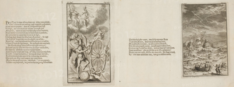 Shipwreck on a rocky coast during storm and lightning (right plate), Fates with thread of life, above Chronos next to the wheel of fortune (left plate), print, book illustration, Numbered on print on the left side of the sheet: Part II, Page: 287. On print on the right side of the sheet: Part II, Page: 190., watermark, printmaker: Andries van Buysen, printmaker: Johannes Folkema, publisher: Jacobus Verheyde (I), Amsterdam, 1723, paper, etching, letterpress printing, two etchings with text in letterpress on a folded sheet, proof, height 144 mm x width 88 mm x height 126 mm x width 83 mm, height 164 mm x width 207 mm x width 414 mm, Proofs for: Roeland van Leuve. Roeland van Leuve's Mixing Works. Amsterdam: Jacobus Verheyden, 1723., Father Time, man with wings and scythe, shipwreck, Fates, Parcae (Moirae), Turn of Fate, Wheel of Fortune, accidents with lightning, A wide, aged paper spread with two vertical engraved illustrations set within narrow frames and columns of printed text flanki...