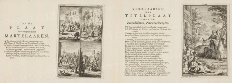 Explanation of the Title Plate for the Sea Poems, Allegories, &c (right plate), On the plate For some of the First Martyrs (left plate), Four scenes with martyrs (left plate), Personification of Religion and Morality (right plate), print, book illustration, Numbered on print on the left side of the sheet: Part II, Page: 259. On print on the right side of the sheet: II. Part., watermark, printmaker: Anna Folkema, printmaker: Johannes Folkema, publisher: Jacobus Verheyde (I), Amsterdam, 1723, paper, etching, letterpress printing, two etchings with text in letterpress on a folded sheet, proof, height 127 mm x width 82 mm x height 127 mm x width 80 mm, height 163 mm x width 205 mm x width 413 mm, Proofs for: Roeland van Leuve. Roeland van Leuve's Mengelwerken. Amsterdam: Jacobus Verheyden, 1723., martyr(s) (often with palm-branches), Christian religion, Morality, A wide spread shows two large pages with printed columns and decorative engravings. On the left page there is a framed vertical ...