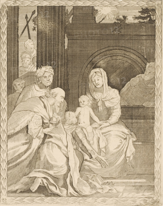Adoration of the Kings, print, publisher: Johannes van Keulen (I) (possibly), Amsterdam, 1663 - 1755, printmaker, paper, etching, engraving, etching and engraving, possible proof print, height 260 mm x width 208 mm, adoration of the kings: the Wise Men present their gifts to the Christ-child (gold, frankincense and myrrh), A detailed pen-and-ink scene shows a seated woman wearing a headscarf and flowing robes holding a naked infant on her lap while a bearded older man in layered drapery bends toward the child; other figures in robes stand or lean nearby, their faces rendered with fine linework; a high arched backdrop and architectural elements frame the group, with a rectangular opening at the top showing a sunburst and small trees; a narrow window on the left reveals three additional figures and crossed spears; patterned borders run along the edges of the image and draped fabric and a small open box lie on the floor in front of the seated figures.