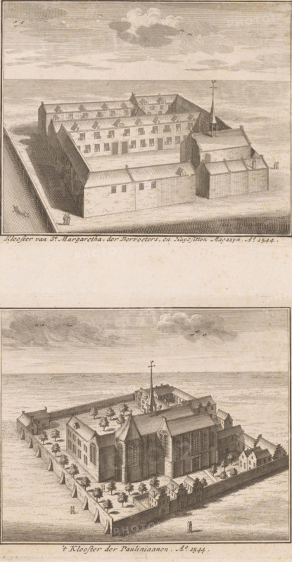 Bird's-eye view of the St. Margaretha Monastery and the St. Paul Brothers Monastery in Amsterdam, Monastery of St. Margaretha, der Bervoeters, and Huyssitten Magazyn. Ao. 1544, 't Monastery of the Paulinians. Ao. 1544, print, publisher: Johannes van Septeren (I), Amsterdam, 1729, printmaker, paper, etching, height 110 mm x width 135 mm x height 115 mm x width 140 mm, Print published in: Long, 1729., abbey, monastery, convent, Roman Catholic church, Sint-Margaretha Monastery, Sint-Paulusbroeders Monastery, A pair of engraved bird’s-eye views stacked vertically, each showing a walled complex of buildings with pitched roofs and a central courtyard; the top engraving depicts a rectangular enclosure with uniform multi-windowed facades, a small church-like structure with a tall spire at one corner, and a few tiny human figures near the walls, all rendered in fine parallel hatching and crosshatching under a sky with a few clouds; the bottom engraving shows a larger enclosed site with a promin...