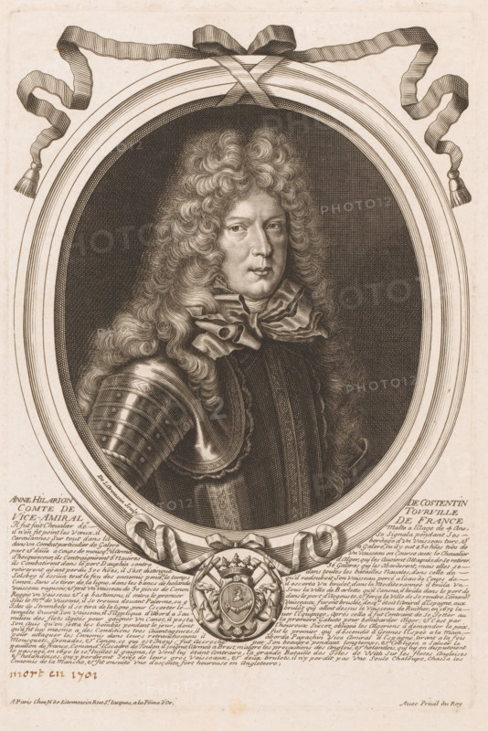 Anne Hilarion De Consentin Comte de Tourville Vice Amiral de France, Portrait of Anne Hilarion, Comte de Tourville, Portraits of prominent figures, print, inscription: 'mort en 1701', printmaker: Nicolas de Larmessin (I), grantor of privilege: Louis XIV (King of France), France, 1642 - 1694, paper, engraving, etching, height 248 mm x width 166 mm, Part of a large-scale series of portraits of prominent figures. Within the series, there is a section titled 'Les Augustes Représentations De tous les Roys De France depuis Pharamond Iusqu'à Louys XIIII'. The series was published respectively by Pierre Bertrand, by his widow, and by De Larmessin himself., Person, Anne Hilarion de Costentin de Tourville, historical persons, commander-in-chief, admiral, A sepia-toned engraved portrait of a man shown from the chest up inside an oval frame with decorative ribbon draped across the top, the man facing slightly to his right with a composed expression and long curly hair cascading past his shoulders,...
