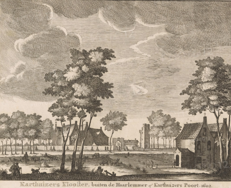 Carthusian Monastery, outside the Haarlemmer or Carthusian Gate. 1602, View of the Carthusian Monastery outside Amsterdam, print, after drawing by Jacobus Stellingwerff, publisher: Isaak Tirion, Amsterdam, 1760 - 1767, printmaker, paper, etching, height 132 mm x width 166 mm, Print appeared in: Wagenaar, Jan. Amsterdam, in its rise, growth, histories, privileges, trade, buildings, church state, schools, militia, guilds and government, described by Jan Wagenaar, 1760-1767., abbey, monastery, convent, Roman Catholic church, An engraved landscape showing large cloud formations across the sky above a row of tall trees and a variety of buildings, including a small churchlike structure with a pitched roof and a larger building with visible rooftops behind a wall, a gateway with figures nearby, open fields where grazing animals and people appear, a foreground riverbank with a person seated and another walking with a dog, and detailed linear shading and crosshatching throughout the scene.