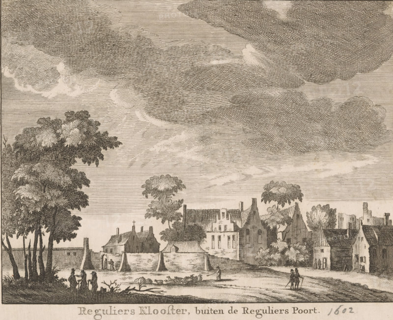 View of the Reguliers Monastery outside Amsterdam, Reguliers Monastery, outside the Reguliers Gate, print, Series number, 20, publisher: Isaak Tirion, Amsterdam, 1760 - 1767, printmaker, paper, etching, height 134 mm x width 166 mm, Print appeared in: Wagenaar, Jan. Amsterdam, in its rise, growth, histories, privileges, trade, buildings, church state, schools, militia, guilds and government, described by Jan Wagenaar, 1760-1767., abbey, monastery, convent, Roman Catholic church, An engraved scene showing a cluster of tall trees with dense foliage on the left and scattered trees throughout a riverside village comprised of varied roofed buildings and walls, a low waterfront with a small boat and figures near the shore, a pathway where two figures walk together and another person stands with a staff, and a sky filled with large, textured clouds rendered with fine linework.