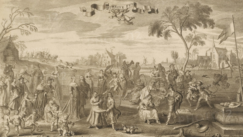 Marriage trap: allegory on marriage, Huwelyx fuyk, print, Series number, 3, 4, Below presentation of song text with staves., printmaker: Cornelis van Dalen (II), after design by Adriaen Pietersz van de Venne, publisher: Bernardus Kleynhens, Haarlem, 1712 - 1779, paper, engraving, etching, height 234 mm x width 326 mm, marriage, married couple, 'matrimonium', A wide sepia engraving showing a crowded outdoor scene with many people of various ages and dress engaged in different activities across a flat landscape. In the foreground there are groups of adults and children, some holding hands and dancing, some standing and conversing, and a few seated figures, with a small dog near two central figures. A large fishing net or woven barrier is stretched across part of the scene, with several figures leaning on or working around it and cherubic putti climbing or perched on it. To the right a man gestures toward a seated woman, while nearby a procession of people and a figure carrying a staff st...
