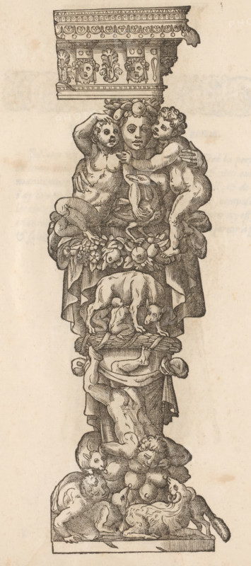 Term with two children in her arms, Portrait of the 17th Term, Oeuvre de la diversité des termes, dont on use en architecture, reduict en ordre, Terms in various architectural orders, print, album page, In the center the wolf with Romulus and Remus. At the bottom children and animals drinking from breasts. Numbered at the top left: 70. According to the explanation on page 72, this concerns a combination of the Doric, Ionic, Corinthian, and Composite orders. Print is part of an album., printmaker, after design by, paper, woodcut, letterpress printing, woodcut with letterpress text, height 308 mm x width 201 mm, Romulus and Remus are washed ashore and suckled by a she-wolf, 'Lupa Romana', nursing, suckling, pedestal of a piece of sculpture (perhaps in the form of a herm), Herm: pillar with the head of Mercury, patron of travelers, herms (garden ornaments), A vertical black ink engraving on aged paper showing an ornate column-like decorative sculpture with a top entablature featuring carv...