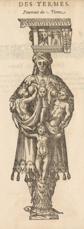 Term with three children, Portrait of the 17th century. Terme, Oeuvre de la diversité des termes, dont on use en architecture, reduict en ordre, Terms in various architectural orders, print, album page, Numbered at the top right: 71. According to the explanation on page 72, this concerns a combination of the Doric, Ionic, Corinthian, and Composite orders. Print is part of an album., printmaker, after design by, paper, woodcut, letterpress printing, woodcut with text in letterpress, height 308 mm x width 201 mm, nursing, suckling, pedestal of a piece of sculpture (perhaps in the form of a herm), Herm: pillar with the head of Mercury, patron of travelers, herms (garden ornaments), A vertical engraved illustration of a sculptural figure with an ornate architectural capital balanced on its head, showing carved decorative patterns and a small human face in the capital; below the capital a standing robed female figure faces forward with a head covering and a draped garment, holding up a swat...