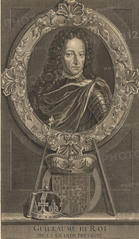 Portrait of William III, Prince of Orange, print, Portrait of William III in an ornamented oval. In the center below his coat of arms with a crown, decorated with the Garter and the motto of the Order of the Garter. Surrounding it are a number of allegorical objects. On a pedestal his name and title in French., stamp: 'MUSEUM WILLEM TWEE. AJ VAN TETROODE, 'S GRAVENHAGE.', printmaker: Étienne Desrochers, Paris, after painting by Adriaen van der Werff, 1688 - 1741, Étienne Desrochers, Adriaen van der Werff, printmaker, after painting by, paper, engraving, etching, engraving and etching, height 309 mm x width 182 mm, The title mentioned here refers to the highest title obtained by the sitter, not necessarily to the title that the sitter bears in this performance., Person, William III (Prince of Orange and King of England, Scotland, and Ireland), knighthood order (GARTER) - insignia of a knighthood order, eg: badge, chain, A detailed engraved portrait shows a person with long curly hair fr...