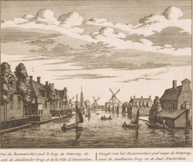 View of the Rustenwerker path along the waterway, next to the Stadlander bridge, and the city of Amsterdam, towards the Stadlander bridge and the city of Amsterdam, View of a waterway towards the Stadlander bridge and Amsterdam, print, book illustration, printmaker: Abraham Rademaker, publisher: Leonard Schenk, Amsterdam, 1730, paper, etching, height 166 mm x width 194 mm, A wide riverscape engraving showing a canal lined with buildings and trees on both sides, small sailboats and rowboats on the water with people aboard, a bridge spanning the canal in the distance, several windmills beyond the bridge, tall chimneys and house roofs with dormer windows, rows of clouds rendered with fine horizontal lines filling the sky, reflections of boats and structures visible on the water surface, and parts of figures along the banks and docks.