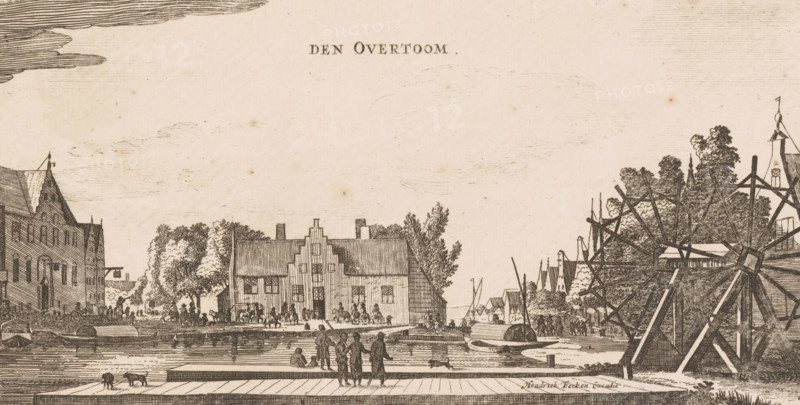 Den Overtoom, Overtoom, Six villages where troops of William II were billeted during the siege of Amsterdam, 1650, print, printmaker, after drawing by, publisher, paper, etching, height 137 mm x width 263 mm, traffic on the water, private soldier (cavalry, horsemen), Amsterdam, A wide waterfront scene rendered in a monochrome etching style shows a row of buildings and trees along the far bank, with stepped gables on a central building and people gathered near its doors and windows. In the foreground a wooden pier or platform extends across the bottom edge with several small figures standing and sitting on it, and two dogs near the platform edge. Boats and barges are moored along the water, and a large wooden waterwheel structure occupies the right side of the image beside more trees and rooftops. Sparse clouds are visible in the sky above the scene.
