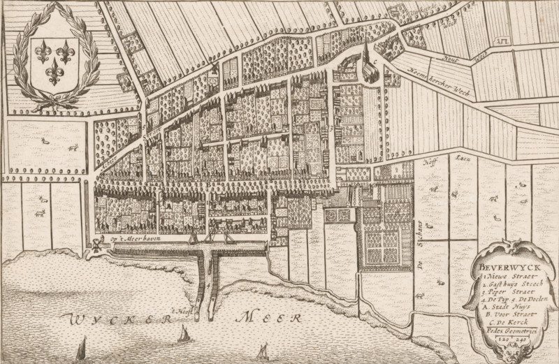 Beverwyck, Map of Beverwijk, area plan, print, Map in bird's-eye perspective. Top left the coat of arms of Beverwijk. Bottom right a cartouche with the title, a legend 1-5 and AC and a scale bar: 240 pedes geometrici., printmaker, paper, etching, height 147 mm x width 225 mm, Print first also used in: Boxhorn, Marcus Zuerius van. Theatrum sive Hollandiae comitatus et urbium nova descriptio (…). Amsterdam: Henricus Hondius, 1632. Later this print was also used in the city atlases (from 1649 and 1652) by Johannes Willemszoon Blaeu. Because the print has a Latin text on the verso in both the Hondius edition and three Blaeu editions, and this print does not, it is impossible to determine exactly from which publication this print originates., coat of arms (as symbol of the state, etc.) (city, municipal), maps of cities, Beverwijk, A detailed sepia-toned map shows a coastal town with a grid of streets, densely packed small buildings, rows of trees lining roads, and numerous rectangular garde...