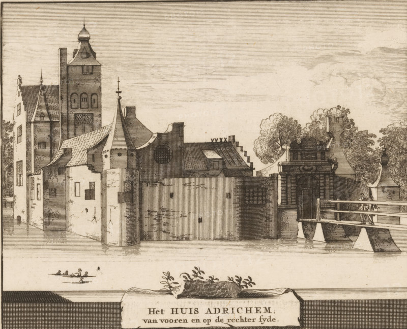 The House of Adrichem, from the front and on the right side, View of the house of Adrichem in Beverwijk, print, printmaker: Jacobus Schijnvoet, Amsterdam, after drawing by Roelant Roghman, publisher: Pieter de Coup (possibly), publisher: Hendrik Bosch (possibly), publisher: Johannes Marshoorn (publisher) (possibly), Haarlem, publisher: Gerrit Bom (possibly), 1711 - 1774, paper, etching, height 194 mm x width 212 mm, Print included in: Smids, Ludolph. Schatkamer der Nederlandse! oudheden, of Woordenboek, 1711. Also appeared in the reissue of the aforementioned work in 1737 and 1774. In 1721, an edition appeared containing only the prints: Nederlandsche oudheden, bestaan in zeskelijk verbeeldingen, gelegen in Holland, 't Sticht van Utrecht en Gelderland enz. Amsterdam: Hendrik Bosch, 1721., castle, Beverwijk, A detailed linear drawing of a riverside scene showing a row of connected buildings with varied rooflines and architectural features, including towers with domed and pointed tops, g...