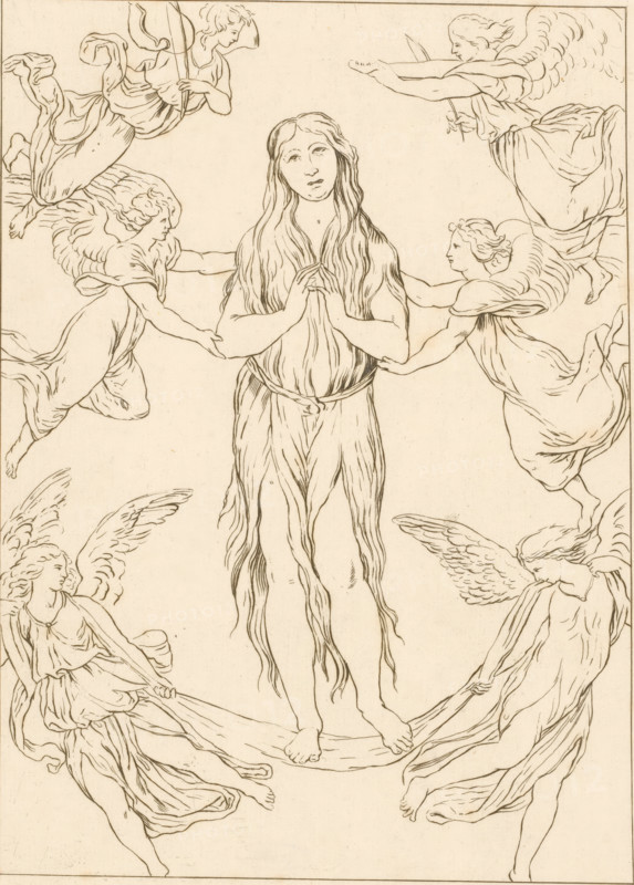 Assumption of Mary Magdalene, print, She is carried by four angels. Above her two more musical angels., France, c. 1750 - c. 1850, printmaker, paper, etching, height 292 mm x width 231 mm, the assumption of St. Mary Magdalene: she is lifted up to heaven by angels, sometimes a hermit looks up at her, A central standing female figure with long flowing hair and a draped garment clasping her hands at her chest, surrounded by multiple winged figures in flowing robes who appear to reach toward or support her, all rendered in fine linear ink lines on a light background.