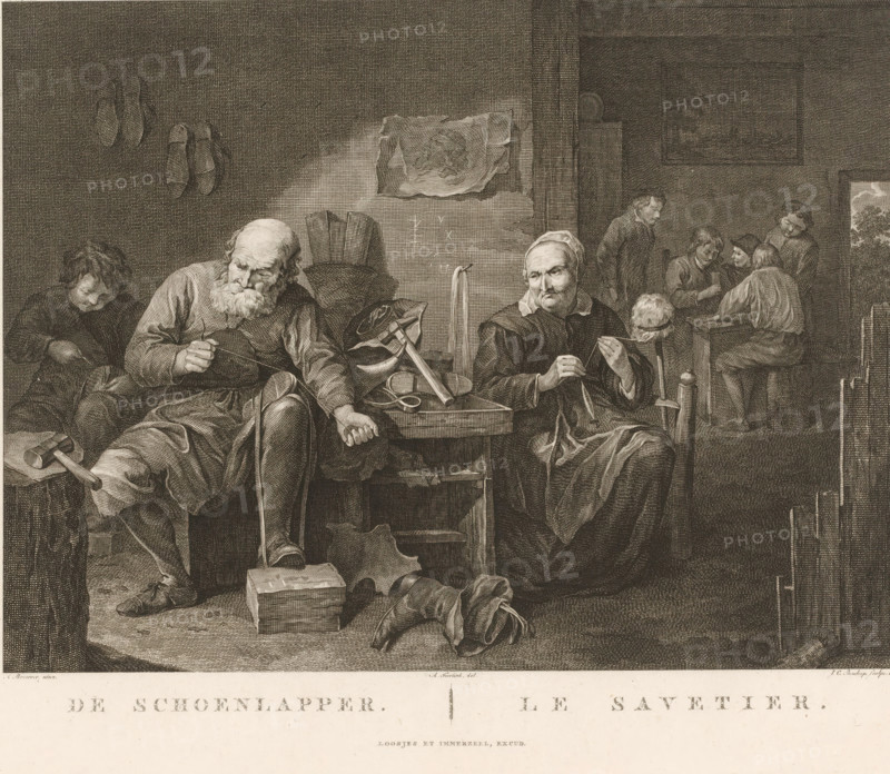 The Shoemaker, Le Savetier, Shoemaker in workshop and spinning woman, print, printmaker: Johannes Christiaan Bendorp, Amsterdam, after painting by David Ryckaert (III), after painting by Adriaen Brouwer, publisher: Johannes Immerzeel, The Hague, publisher: Adriaan Pietersz. Loosjes, 1805, paper, etching, engraving, height 214 mm x width 259 mm, An interior scene rendered in fine lines shows an older man with a beard seated on a low bench mending footwear while holding a tool and thread, next to a woman wearing a headscarf who is also handling thread; a child sits to the left leaning forward and looking down. Around them are scattered shoes, a hammer, wooden blocks, a basket, straps and a variety of hand tools arranged on and near a central workbench. In the background a group of three figures sit at a small table engaged in a shared activity while another standing figure looks on; shelves, a framed image on the wall, and a doorway opening to a faintly visible outdoor scene occupy the r...
