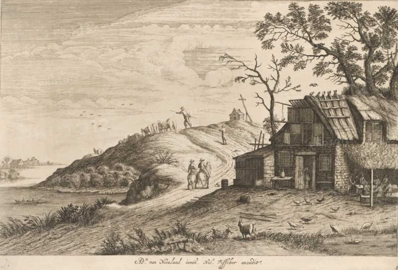 Roadside Inn, Landscapes, print, Series number, 8, Canopyed inn, under which a company is seated at a table. On the road are two horsemen and a cattle driver with his cattle. A chapel stands on the hill, a boat sails on the water. Print from a series of landscapes., printmaker: Pieter Nolpe, Amsterdam, after design by Adriaen van Nieulandt (I), publisher: Nicolaes Visscher (I), 1623 - 1652, 1652 - c. 1679, paper, etching, height 212 mm x width 315 mm, Print possibly republished by Nicolaes Visscher after Nolpe's death., inn, coffee-house, public house, road, path, water course, cattle driving, cattle driver, church (exterior) - QQ - small church, chapel, A wide landscape etched scene showing a hillside path leading from a riverside toward a cluster of simple thatched and timber buildings under tall trees, with a few people and animals scattered along the road and near the buildings. The foreground shows grassy banks and a small animal standing near the water, birds on the ground and a ...