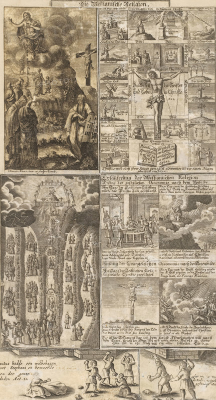 The Messianic Religion, Collage of five prints with Biblical scenes, print, collage (visual work), Top left: a print by Jonas Haas (1720-1775). The other prints are anonymous German and Dutch, seventeenth- or eighteenth-century. Top left: depiction with Moses with the Ten Commandments, the Crucifixion of Christ, and possibly Christ admitting figures into heaven. Top right: print with the Crucifixion of Christ surrounded by various small Biblical depictions. Bottom left: print with the narrow road to Jerusalem and the broad road to destruction. Bottom right: print with four depictions from the Old and New Testaments, namely the sacrifice of the Passover lamb, Moses with the Ten Commandments on Mount Sinai, and possibly an Ascension. At the very bottom: print with the Stoning of Stephen., printmaker: Jonas Haas, Hamburg (city), Germany, Low Countries, compiler (person in literature): anonymous, c. 1600 - c. 1775, 1730 - 1775, compiler (person in literature), paper, etching, engraving, sn...