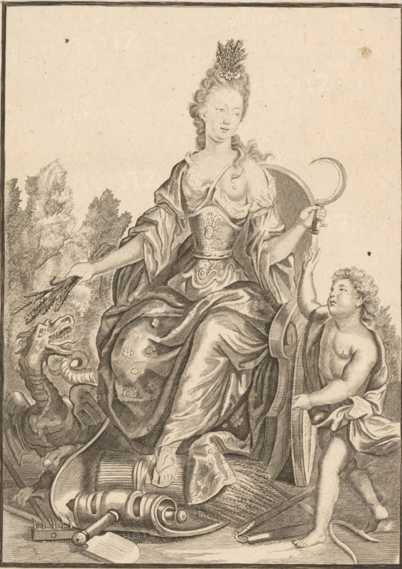 Summer, L'Esté, print, Series number, 2, Personification of summer as a woman with a sickle and corn in her hands., publisher: Jan de Lat, Deventer, 1724 - c. 1756, Jan de Lat, printmaker, publisher, paper, etching, height 281 mm x width 184 mm, summer, 'Aestas', 'Estate' (Ripa), A seated woman in flowing draped clothing and an ornate bodice holds a curved blade in one hand and a sheaf of plants in the other, a plume of foliage atop her styled hair; a young naked figure beside her reaches up toward the blade while resting a hand on the arm of her chair; at the woman's feet lie mechanical tools, a spindle like object, and bundles of grain, and a serpent-like creature with an open mouth appears near the lower left among leafy foliage and trees in the background.