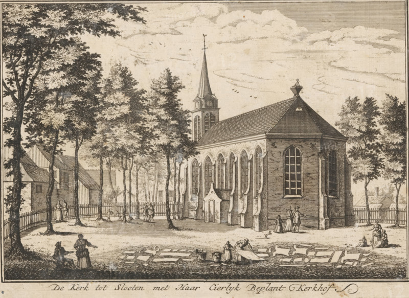 View of the church and churchyard at Sloten, The Church of Slooten with It Elegantly Planted Churchyard, print, printmaker: Abraham Rademaker (possibly), c. 1727, paper, etching, height 136 mm x width 185 mm, church (exterior), Amsterdam, Sloten (Amsterdam), A detailed black and white illustration shows a church with a steep tiled roof and tall arched windows, a square tower topped by a slender spire, and a small entrance porch; the church is surrounded by a fenced yard with numerous trees of varying heights whose foliage forms a canopy; small groups of people are scattered around the grounds, some standing and conversing near the fence, others near the church wall, and a few seated or working on the grass; in the foreground rectangular sheets or cloths are laid out on the ground with figures attending them; simple houses with pitched roofs appear beyond the trees at the left and right edges; birds are visible in the sky and the scene is bordered by a thin decorative frame.