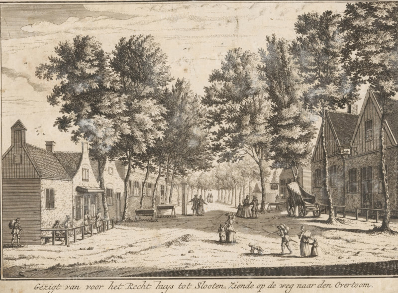 View from in front of the Courthouse at Slooten, Looking at the road to the Overtoom, View of Sloten in front of the Courthouse, print, printmaker: Abraham Rademaker, publisher: Leonard Schenk (possibly), c. 1730, paper, etching, height 137 mm x width 186 mm, Print possibly published in: Spiegel van Amsterdams zomervreugd, op de dorpen Amstelveen, Slooten, en den Overtoom, Amsterdam: Leonardus Schenk, 1730., village street, Sloten (Amsterdam), Overtoom, A wide street lined with tall leafy trees and flanked by rows of buildings with pitched roofs and chimneys stretches into the distance, with people walking and standing beneath the trees and along the sidewalks; on one side a cart with large wheels is parked near a building, a few figures cluster nearby, and farther down small groups stroll along the tree-lined avenue; closer to the foreground adults and children are depicted walking and interacting, a small dog is visible on the ground, and fences, benches, and market stalls occupy the...