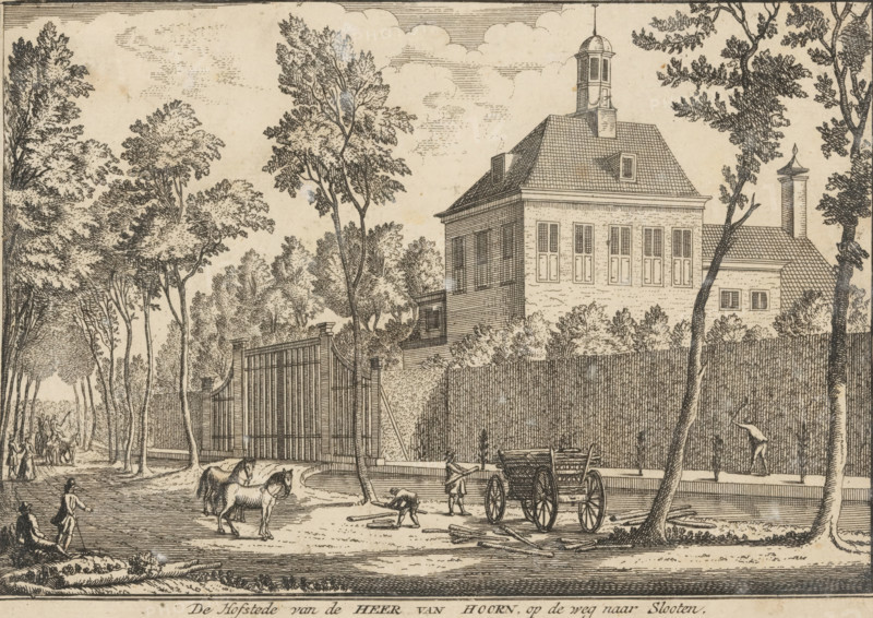 View of the Manor of the Lord of Hoorn, on the road to Sloten, The Manor of the Lord of Hoorn, on the road to Slooten, print, printmaker: Abraham Rademaker, publisher: Leonard Schenk (possibly), c. 1730, paper, etching, height 131 mm x width 185 mm, Print possibly published in: Spiegel van Amsterdams zomervreugd, op de dorpen Amstelveen, Slooten, en den Overtoom, Amsterdam: Leonardus Schenk, 1730., village street, civic architecture, edifices, dwellings, Sloten (Amsterdam), A detailed pen-and-ink scene shows a large house with a steep tiled roof and a small tower rising above it, a tall fence and a large gated entrance in front, trees with detailed foliage surrounding the property, a dirt road before the gate with a horse-drawn cart and a few horses standing nearby, figures walking and standing along a tree-lined path on the left, a person crouched on the ground near the horses, dense shrubbery behind the fence, clouds and cross-hatching in the sky, and various small architectural deta...