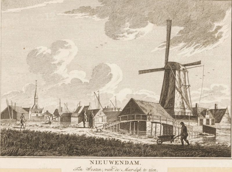 Nieuwendam, ca. 1790, Nieuwendam. To the West, visible from the Meerdijk, print, printmaker: Carel Frederik Bendorp (I), after drawing by Jan Bulthuis, 1786 - 1792, 1824 - 1825, paper, etching, height 157 mm x width 215 mm, Print first used in: Vaderlandsche gezichten, of gezichten van den tegenwoordigen staat der Vereenigde Nederlanden (…). Amsterdam: Hendrik Gartman, Willem Vermandel and Jan Willem Smit, 1786-1792. Published in installments, each with its own bifolium and table of contents. All prints in this publication were engraved by Carel Frederik Bendorp (I) and, in most cases, are based on drawings by Jan Bulthuis. Later, the print was published as part of a plate work from ca. 1824-1825 containing 74 (unnumbered) plates of the most important topographical views and various customs and habits in the United Kingdom of the Netherlands, entitled 'Tableau des principales vues des palais et édifices : représentations et des coutumes et usages, dans les provinces septentrionales du ...