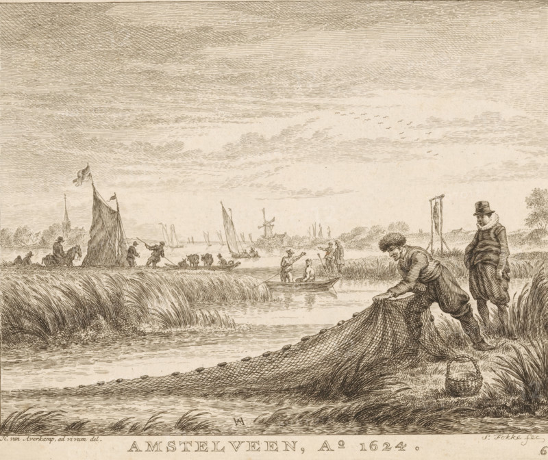 Amstelveen, c. 1624, River landscape with boats near Amstelveen, 1624, North Holland landscapes, print, Series number, 6, printmaker: Simon Fokke, Amsterdam, after drawing by Hendrick Avercamp, 1724 - 1784, paper, etching, height 140 mm x width 170 mm, sailing-ship, sailing-boat, fisherman, river bank, A wide riverside scene rendered in fine sepia lines showing a low horizon with tall grasses in the foreground and a long fishing net being hauled by two men near the water's edge, one man bent over gripping the net and the other standing with hands in pockets wearing a hat and ruffled collar; a small woven basket rests on the grass nearby. Boats with sails and oars are on the water, some with figures aboard and one with a large raised sail; a distant windmill and buildings, including a church steeple, appear along the far shore. Groups of people stand or sit along the banks and in shallow boats, and a cluster of small birds is drawn in the sky. The sky itself is filled with horizontal fi...