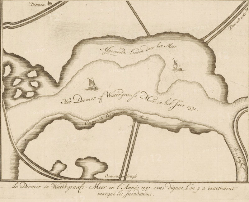 Le Diemer ou Watergraafs-Meer en l'Année 1531 sans digues. L'on ya extractement marqué les Jnondations, Map of the area around the Diemer- or Watergraafsmeer, print, map, Series number, 2, publisher: Andries de Leth (possibly), publisher: Hendrik de Leth (possibly), 1725, printmaker, paper, etching, height 165 mm x width 215 mm, Print published in: Het Verheerlykt Watergraefs- or Diemermeer. Amsterdam: Andre and Henry de Leth, 1725., maps, atlases, Amsterdam, Watergraafsmeer, A sepia-toned map segment showing irregularly shaped water bodies with shaded banks and contour-like lines, two small sailing boats depicted on the water with billowing sails, curving roads or embankments crossing the scene, small clustered landmasses with shaded textures, and various thin linear markings suggesting waterways and edges.