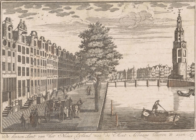 The interior of New Island seen towards the Montelbaan Tower, View of the Interior and the Montelbaan Tower in Amsterdam, print, View of the Interior on the Waalseiland in Amsterdam, seen towards the Oudeschans with the Montelbaan Tower on the right., c. 1700 - c. 1799, printmaker, paper, etching, height 139 mm x width 188 mm, rowing-boat, canoe, towers, fortified city, bridge in city across river, canal, four-wheeled vehicle drawn by two animals, Amsterdam, Oudeschans, Montelbaan Tower, Interior, A wide riverside scene rendered in a monochrome etching style shows a row of tall narrow buildings with ornate gabled roofs along a cobbled quay, a large leafy tree rising near the middle, a bridge crossing the water toward the distant bank, and a prominent tower with a domed top and clock face near the right edge; on the quay there are figures walking and standing, a horse-drawn carriage, and boats moored along the water while a person stands in a small boat pushing with a pole, with birds a...