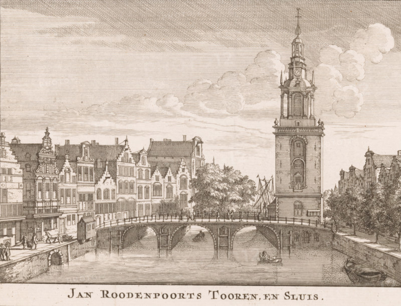 Jan Roodenpoorts Tooren, en Sluis, View of the Jan Roodenpoort Tower in Amsterdam, print, book illustration, The Tower Lock over the Singel with the Jan Roodenpoort Tower behind it., printmaker, publisher, Amsterdam, paper, etching, engraving, height 146 mm x width 182 mm, Current state of print, numbered 295, used in: Hoorn, Nicolaas ten. Wegwyzer door Amsterdam zynde eene dichterbije verhandeling van desselfs eerste opkomst, vergrotingingen, en teegenwoordigen staat, Amsterdam: Nicolaas ten Hoorn, Amsterdam: erven J. Ratelband & Co, Nicolaas ten. Guide through Amsterdam being a concise treatise on its first rise, enlargements, and present state, Amsterdam: Pieter Meyer, 1751. First state of print, numbered 277, 1726. Third state of print unnumbered, see KOG-AA-1-29-40., rowing-boat, canoe, towers, fortified city, bridge in city across river, canal, tower, clock tower, monumental adornment, Singel, Jan Roodenpoortstoren, Torensluis, A detailed ink drawing shows a waterfront city scene...