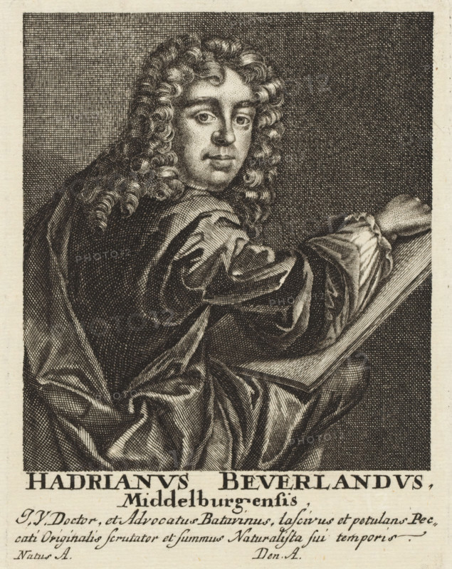 Portrait of Hadriaan Beverland, Portraits of learned men of all classes, Icones virorum omnium ordinum eruditione, print, inscription: '20', printmaker, publisher, Bavaria, Nuremberg, paper, engraving, etching, height 136 mm x width 104 mm, Person, Hadriaan Beverland, historical persons, draftsman at work, A monochrome engraved portrait of a seated person shown from the torso up, turned three quarters toward the viewer with a direct gaze, featuring long curly hair cascading over the shoulders, a rounded face with defined eyes, nose, and lips, and a smooth forehead. The figure wears a voluminous draped garment with prominent folds and sheen-like shading across the fabric, and an arm rests on an angled surface that resembles a book or slate. The background is densely crosshatched behind the head and transitions to a darker crosshatched area to the right, while the lower margin shows a band of blank space with a block of cursive and capitalized script partly visible.