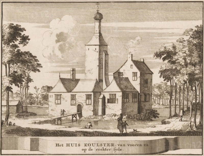 View of Huis ter Coulster in Heiloo, The House Koulster, from the front and on the right side, Castles, country estates and houses in the Netherlands, print, book illustration, printmaker: Jacobus Schijnvoet, Amsterdam, after drawing by Roelant Roghman (possibly), publisher: Pieter de Coup (possibly), 1711, paper, etching, height 194 mm x width 214 mm, Print first used in: Smids, Ludolph. Schatkamer der Nederlandse oudheden, of Woordenboek, between. p. 182 and 183. Possibly appeared thereafter in reissues of this work in 1737 and 1774. In 1721, an edition appeared containing only the prints: Nederlandsche oudheden, bestaan in zestige verbeeldingen, gelegen in Holland, 't Sticht van Utrecht en Gelderland enz. Amsterdam: Hendrik Bosch, 1721., castle, landscape with tower or castle (city(-scape) with figures, staffage), Heiloo, Huis ter Coulster, A detailed ink drawing of a riverside scene showing a large building complex with pitched roofs, windows, chimneys, and a tall tower topped with...