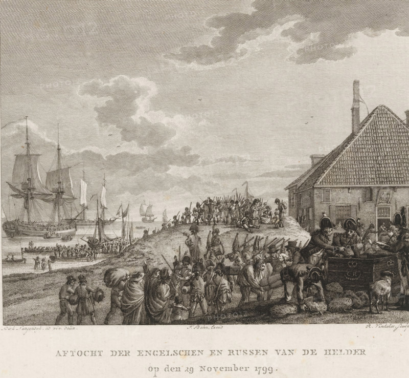 Retreat of the British and Russians from Den Helder, 1799, Retreat of the English and Russians from Den Helder on 29 November 1799, print, book illustration, printmaker: Reinier Vinkeles (I), Amsterdam, after drawing by Dirk Langendijk, Den Helder, publisher: François Bohn, 1801, paper, etching, height 213 mm x width 287 mm, A large harbor scene rendered in fine engraving lines shows multiple sailing ships with tall masts and unfurled sails anchored in calm water, small boats and rowboats crowded with people approaching the shoreline, and a busy quayside where many figures stand, walk, or converse. A sloped embankment rises from the water, crowded with groups of people, some standing and some seated, with a line of men bearing long poles or muskets along the foreground. To the right, a brick building with a steep tiled roof and chimneys fronts the quay, with barrels, carts, and figures clustered nearby. In the sky, layered clouds stretch across the scene and a few small birds are visib...