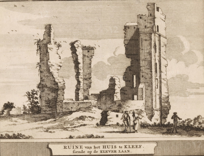 Ruins of the House at Kleef, overlooking Klever Laan, View of the ruins of the House at Kleef in Haarlem, Castles, country estates and houses in the Netherlands, print, book illustration, printmaker: Jacobus Schijnvoet, Amsterdam, after drawing by Roelant Roghman (possibly), publisher: Pieter de Coup (possibly), 1711, paper, etching, height 194 mm x width 215 mm, Print first used in: Smids, Ludolph. Schatkamer der Nederlandse oudheden, of Woordenboek, between. p. 174 and 175. Possibly appeared thereafter in reissues of this work in 1737 and 1774. In 1721, an edition appeared containing only the prints: Nederlandsche oudheden, bestaan in zeskelijk verbeeldingen, gelegen in Holland, 't Sticht van Utrecht en Gelderland enz. Amsterdam: Hendrik Bosch, 1721., ruin of a dwelling, house, castle, landscape with ruins (city(-scape) with figures, staffage), Haarlem, Huis ter Kleef, A sepia-toned engraving shows tall crumbling stone ruins with vertical lines and rough textured surfaces, fragments ...