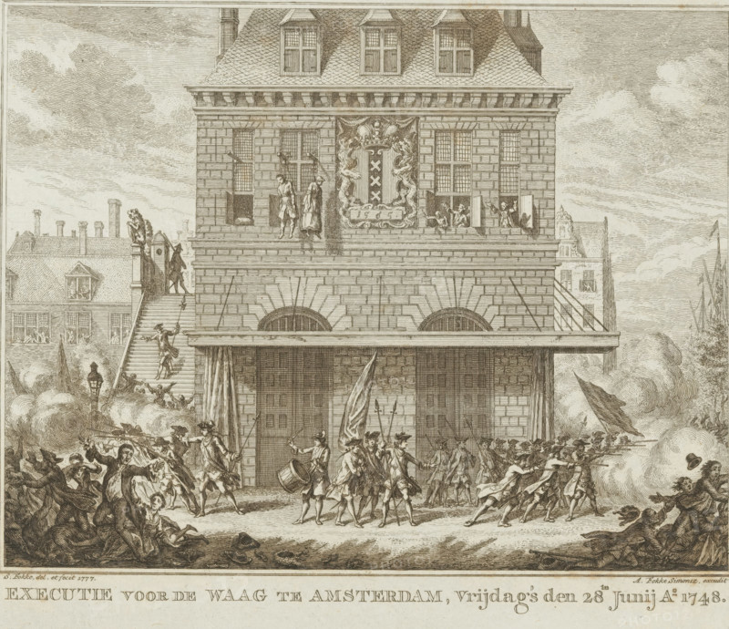 Execution in front of the Weigh House in Amsterdam, Friday, June 28th, Ao. 1748, Riots during the hanging of a man and woman at the Waag in Amsterdam, June 28, 1748, print, book illustration, Riots during the hanging of a man and woman (Piet van Dort and the lemon and dried plaice seller Mat van den Nieuwendijk), two participants in the Tenant Farmers' Revolt, at the Waag in Amsterdam, 1748. The militia opens fire on the spectators., printmaker: Simon Fokke, Amsterdam, after design by, publisher: Arend Fokke Simonsz., 1777, Arend Fokke Simonsz., printmaker, publisher, paper, etching, engraving, etching and engraving on blue paper, height 177 mm x width 201 mm, Print also used in: Wagenaar, Jan. Vaderlandsche historie (…). 21 vols. Amsterdam: P. Schouten et al., 1782, vol. 20., street-fights, riots, violent death by hanging, weigh-house, death penalty, execution, Pachtersoproer (1747-1750), Waag op de Dam, Period, 1748-06-28, A detailed pen-and-ink scene shows a large stone building wit...