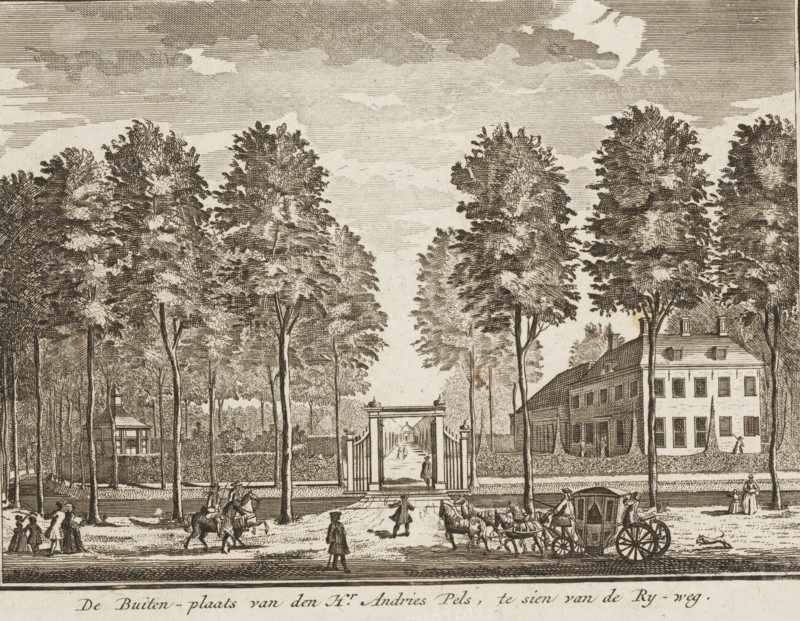 The Country Estate of Mr. Andries Pels, seen from the Ry-weg, View of the Vreedenoord country estate, print, printmaker: Daniël Stopendaal (possibly), c. 1719, paper, etching, height 156 mm x width 206 mm, civic architecture, edifices, dwellings, Netherlands, A wide engraved scene shows a tree-lined avenue with tall leafy trees on both sides, a gated entrance at the center leading to a long straight path flanked by more trees, figures walking and riding horses near the foreground, a horse-drawn carriage with visible wheels and horses to the right, a large multi-story building with many windows behind the trees on the right, a small pavilion or building among the trees on the left, shaded clouded sky above, and various people engaged in travel or conversation along the road.
