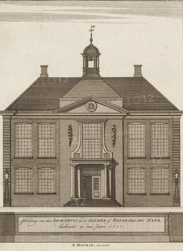 Front view of the Courthouse in Watergraafsmeer, Image of the Courthouse in the Diemer or Watergraafs-Meer, rebuilt in the year 1777, print, printmaker: Caspar Jacobsz. Philips, publisher: Bernardus Mourik, 1778, paper, etching, engraving, height 185 mm x width 141 mm, A symmetrical building façade rendered in fine line engraving, showing a central pediment with a circular decorative element above a recessed entrance flanked by columns and steps, tall multi-pane windows on either side with detailed brickwork and window lintels, decorative vertical garlands beside the central upper window, a hipped roof with small chimneys at each side and a domed cupola topped by a finial and a flag, lantern-style street lamps mounted on the exterior walls near the corners, and a broad base or plinth beneath the façade.