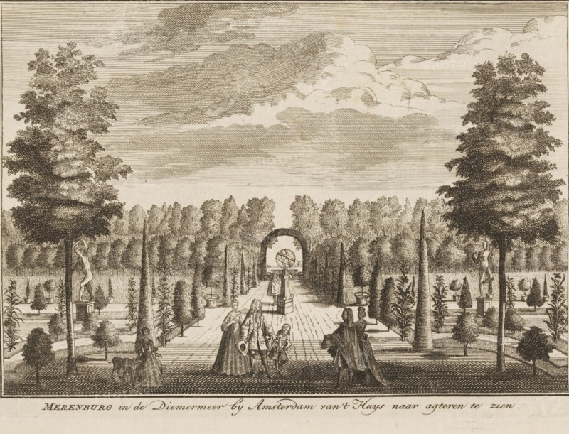 View of the garden of Meerenburg, Merenburg in the Diemermeer near Amsterdam seen from the house towards the back, print, with stone statues by the sculptor Keizer on the left and right, in the middle a celestial sphere (tellurium)., printmaker: Daniël Stopendaal (possibly), publisher: Andries de Leth (possibly), publisher: Hendrik de Leth (possibly), 1725, paper, etching, engraving, height 142 mm x width 200 mm, Other state from: The Glorified Watergraefs- or Diemer-meer, by the City of Amsterdam... drawn by Daniel Stopendael, M. Brouerius-van-Nidek. Amsterdam: Andries en Hendrik de Leth, 1725., statues, sculptures in garden, French or architectonic garden, formal garden, Amsterdam, Watergraafsmeer, Diemermeerpolder, A wide engraved scene of a formal garden viewed from a central pathway flanked by rows of trimmed tall trees and conical topiaries, with two large leafy trees framing the composition on the left and right edges; in the middle distance an arched stone structure stands abov...