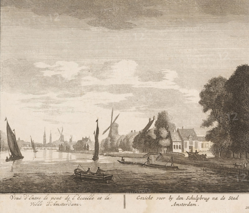 View of Between the Escaille Bridge and the City of Amsterdam, View of the city of Amsterdam by the Schulpbrug, View of the Amstel near the Schulp Inn, print, Series number, 26, inscription: '52', printmaker: Matthijs Pool, Amsterdam, publisher: Leonard Schenk (possibly), 1708 - 1767, paper, etching, height 165 mm x width 193 mm, Print used in: Pool, Matthijs. Verscheyde gesigten van de vermaarde rivier de buyten Amstel van de stadt Amsterdam, tot het dorp Ouwerkerk (…), 1708-1740. Or in a later edition of this publication, published by Leonard Schenk (year of publication unknown)., rowing-boat, canoe, sailing-ship, sailing-boat, river, hotel, hostelry, inn, bridge, Amstel (rivier), Weesperzijde, A wide riverside scene rendered in fine monochrome lines showing a calm water surface with several small boats and larger sailboats, rowers and figures visible in some vessels, a couple of people standing on the near shore, and a horse-drawn cart on a road beside buildings; along the opposite ...