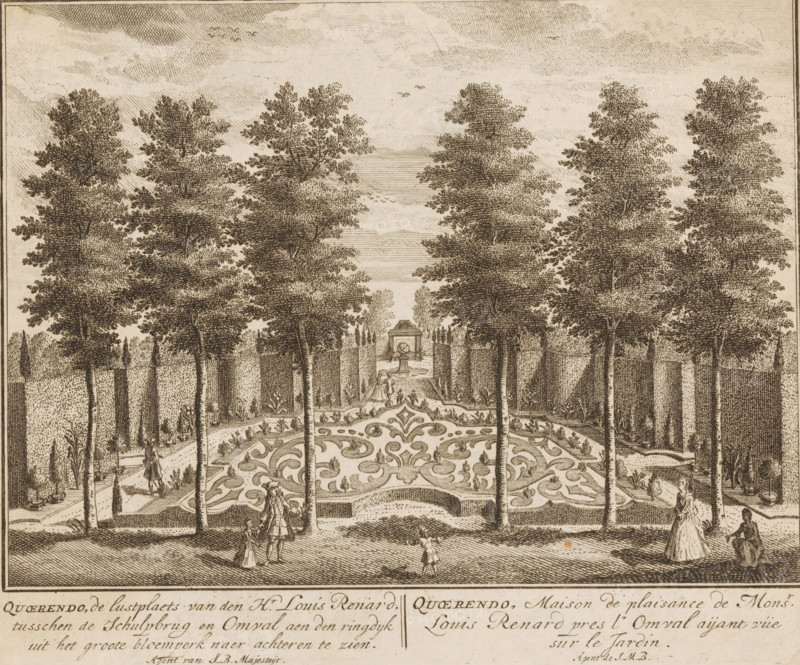 Country Estate Quoerendo, Quoerendo, the pleasure grounds of Mr. Louis Renard between the Schulpbrug and Omval on the ring dike, viewed from the large flowerbed looking backwards, Maison de plaisance de Monsr. Louis Renard pres l'Omval aijant vüe sur le Jardin, print, book illustration, Series number, 59, after drawing by Daniël Stopendaal, Amsterdam, publisher: Andries de Leth (possibly), publisher: Hendrik de Leth (possibly), publisher: Pieter Jan Entrop (possibly), 1725 - 1768, Daniël Stopendaal, Andries de Leth, Hendrik de Leth, Pieter Jan Entrop, printmaker, after drawing by, publisher, paper, etching, engraving, height 170 mm x width 208 mm, Print used in: Niedek, Mattaeus Brouërius. It glorifies Watergraafs- or Diemermeer by the city of Amsterdam, Amsterdam: Andries and Hendrik de Leth, 1725. Or in: Niedek, Mattaeus Brouërius. The Glorified Watergraafs- or Diemermeer by the City of Amsterdam, Amsterdam: Pieter Jan Entrop, 1768., French or architectonic garden, formal garden, Nor...