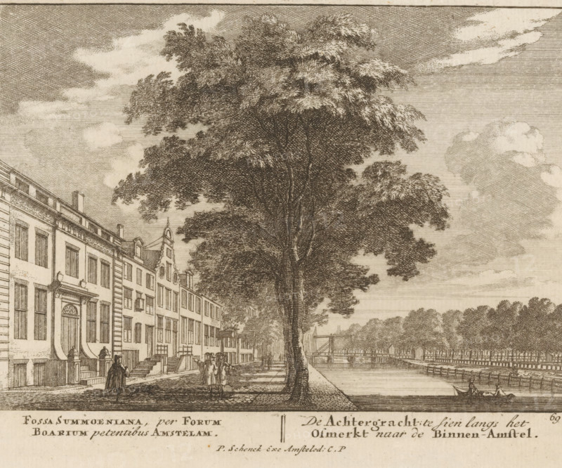 Fossa Summoeniana, per Forum Boarium petentibus Amstelam, De Achtergracht te sien langs het Osmerkt naar de Binnen-Amstel, Gezicht op de Achtergracht, Admirandorum Quadruplex Spectaculum, Viervoudig schouwspel van wonderen, print, Series number, 69, 71, printmaker: Jan van Call (I), Amsterdam, publisher: Pieter Schenk (I), grantor of privilege: States of Holland and West Friesland, c. 1700, paper, etching, height 130 mm x width 170 mm, Other state also used in: Call, 1700. The title page, dedication, and portrait of Frederick of Saxony were engraved by Pieter Schenk (I). The other prints in this series are, as indicated on the title page, by Jan van Call (I)., canals, waters (in city), city-view, and landscape with man-made constructions, Achtergracht, A sepia-toned etching shows a tree-lined canal scene with tall leafy trees along a paved walkway, buildings with rectangular windows and decorative doorways lining the left side, small groups of people walking on the path, a narrow boat ...