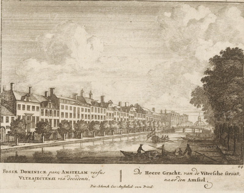 View of the Herengracht in Amsterdam from the Utrechtsestraat, Fossae Dominicae pars, Amstelam versus Ultrajectensi viâ decedenti, The Herengracht, from the Uitersche straat to the Amstel, Admirandorum Quadruplex Spectaculum, Fourfold spectacle of wonders, print, Series number, 64, 71, printmaker: Jan van Call (I), Amsterdam, publisher: Pieter Schenk (I), grantor of privilege: States of Holland and West Friesland, c. 1700, paper, etching, height 130 mm x width 170 mm, Other state also used in: Call, 1700. The title page, dedication, and portrait of Frederick of Saxony were engraved by Pieter Schenk (I). The other prints in this series are, as indicated on the title page, by Jan van Call (I)., canals, waters (in city), Herengracht (Amsterdam), A wide riverside scene rendered in fine sepia lines shows a row of multi-story buildings with pitched roofs and chimneys lining a tree-bordered quay, trees planted between low fences along the water and a promenade beside the buildings, a small ar...