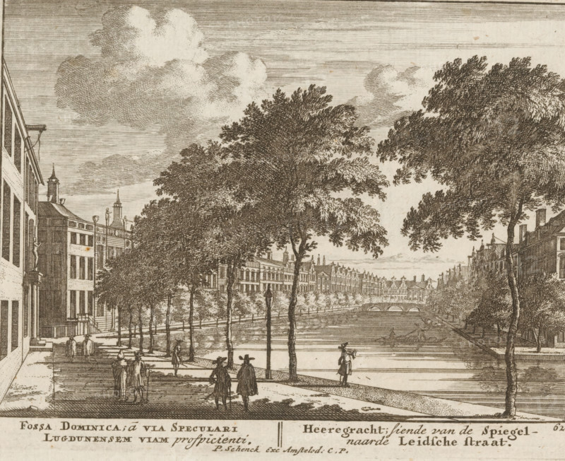 Fossa Dominica, à via Speculari Lugdunensem viam prospicienti, Heeregracht, siende van de Spiegel naarde Leidshce straat, Gezicht op de Herengracht, Admirandorum Quadruplex Spectaculum, Viervoudig schouwspel van wonderen, print, Series number, 62, 71, printmaker: Jan van Call (I), Amsterdam, publisher: Pieter Schenk (I), grantor of privilege: Staten van Holland en West-Friesland, c. 1700, paper, etching, height 130 mm x width 166 mm, Other state also used in: Call, 1700. The title page, dedication, and portrait of Frederick of Saxony were engraved by Pieter Schenk (I). The other prints in this series are, as indicated on the title page, by Jan van Call (I)., canals, waters (in city), Herengracht (Amsterdam), A wide view of a riverside street rendered in a sepia-toned etching, showing tall leafy trees along a walkway beside a calm canal, rows of multi-story buildings with detailed facades and gabled roofs lining both sides of the water, a stone bridge crossing the canal in the distance,...