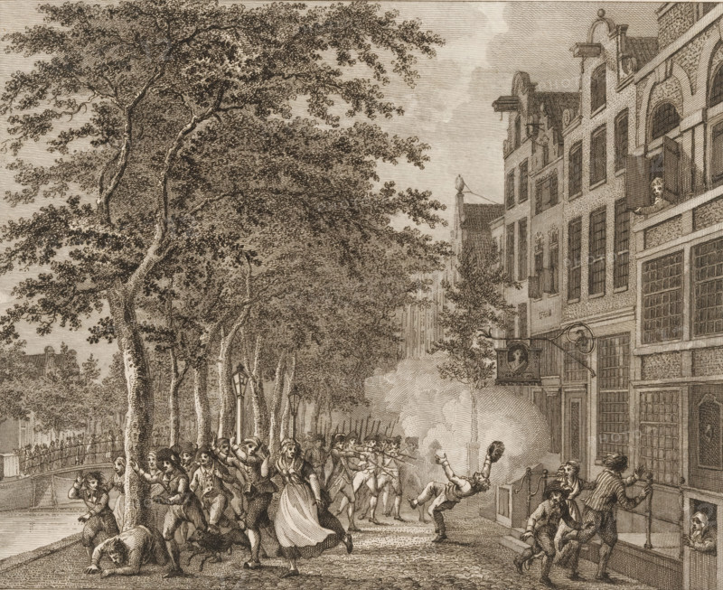 Riot in front of a tailor's house in Amsterdam, 1748, print, Unrest during the Tenant Farmers' Revolt in front of a tailor's house on the Nieuwezijds Voorburgwal in Amsterdam, where a Swede who had plundered is shot dead in the street by the civic guard, June 26, 1748., printmaker: Reinier Vinkeles (I), Amsterdam, after design by Reinier Vinkeles (I), publisher: François Bohn, 1800 - 1806, Reinier Vinkeles (I), François Bohn, printmaker, publisher, paper, etching, engraving, height 224 mm x width 272 mm, Used in: Jan Fokke. History of the Eighteenth Century, 6 vols. Haarlem: François Bohn, 1801-1806., looting, riot, Tenant Farmers' Uprising (1747-1750), Nieuwezijds Voorburgwal, Period, 1748-06-26, A detailed monochrome street scene shows a row of tall trees with dense foliage lining a walkway alongside a canal, their trunks and branches rendered with fine crosshatching; street lamps stand beneath the trees and a crowd of people moves along the path, many shown in motion with raised arm...
