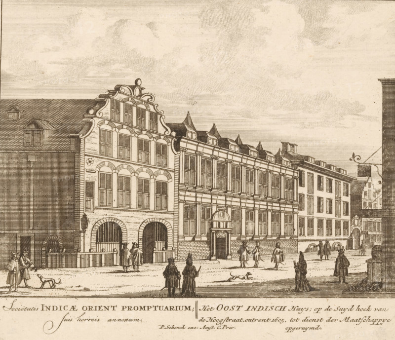View of the East India House in Amsterdam, Sociëtatis Indicae Orient Promptuarium, suis horreis annexum, The East India House, on the south corner of the Hoogstraat, around 1605, cleared for the service of the Society, 100 Illustrations of the most important buildings of Amsterdam, print, Series number, 31, 100, Numbered lower right: 31., printmaker, grantor of privilege, Barent Greve, paper, etching, height 169 mm x width 204 mm, Current state of print also used in: 100 Illustrations of the most important buildings of Amsterdam. Amsterdam: Pieter Schenk (I), sa 1710-1711. And in: 100 Illustrations of the most important buildings of Amsterdam. Amsterdam: Barent Greve, sa. 1757-1766.* *In the second edition, published by Barent Greve, only the title page has been modified. The other prints have remained unchanged., street (city(-scape) with figures, staffage), trade-company, exterior, representation of a building, Amsterdam, East India House (Amsterdam), A sepia-toned engraved street sc...