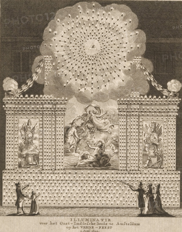 Illumination for the East India House in Amsterdam, 1802, Illumination for the East India House in Amsterdam on the Peace Festival June 2, print, printmaker, publisher, Amsterdam, Netherlands, Jan Augustijn Swalm, paper, etching, engraving, height 171 mm x width 136 mm, A detailed engraved scene shows a large ornate facade or panel covered in a repeating decorative pattern, with an elaborate central arch containing a classical-style allegorical group of figures, one floating draped female figure reaching down toward other partially clothed figures amid swirling clouds and water, flanked by rectangular decorative panels that contain arrangements of ceremonial objects and armor. Above the arch a large cloud formation fills the upper area, from which numerous radiating lines and small flame-like motifs converge toward a central triangular shape containing an eye, while garlands or braided chains extend from the cloud to ornate urns on either side. In the lower foreground there are small g...