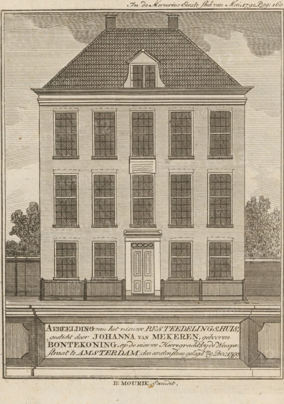 Image of the new Poorhouse, founded by Johanna van Mekeren, née Bontekoning, on the Nieuwe Herengracht, near the Weesperstraat in Amsterdam, the foundation stone laid on 9 Dec 1790, View of the Poorhouse of the Reformed Diaconate on the Nieuwe Herengracht in Amsterdam, print, book illustration, Top right: In the Mercurius First Part of May 1791, p.: 160., publisher: Bernardus Mourik, Amsterdam, 1791, printmaker, paper, etching, height 177 mm x width 136 mm, An engraving of a multi-story rectangular building with a steep tiled roof and two chimneys, a central dormer window on the roof, symmetrical rows of tall windows across the facade, a central paneled door with a small pediment above, low railings in front of the ground floor, patterned shading lines and crosshatching throughout the image, framed borders and decorative architectural details, and vegetation visible at the sides of the building.