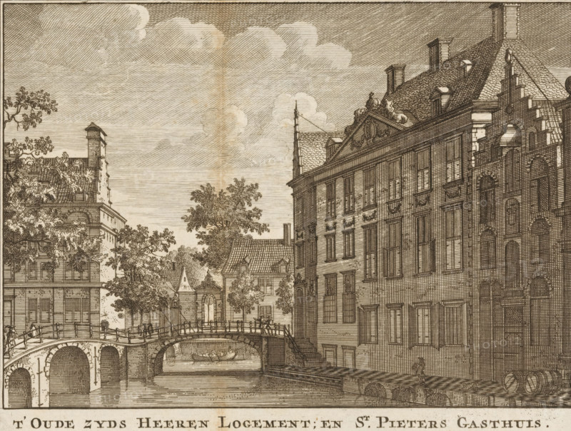 t'Oude Zyds Heeren Logement, en St. Pieters gasthuis, View of the Oudezijds Heerenlogement and Binnengasthuis in Amsterdam, print, book illustration, publisher: Nicolaas ten Hoorn, Amsterdam, 1713, Nicolaas ten Hoorn, printmaker, publisher, paper, etching, height 131 mm x width 173 mm, A sepia-toned etched cityscape showing a canal with arched bridges spanning the water, a small rowboat moored beneath one arch, and stone quays lining the canal; multi-story buildings with many windows and varied rooflines stand along the right bank, one roof topped with ornate sculpted figures and chimneys, while buildings on the left are partially obscured by leafy trees; people walk across the bridge and along the quays, some near doorways and a couple appearing to converse, and barrels rest on the quay at the lower right; a sky filled with hatched shading and billowing clouds fills the upper portion of the image.