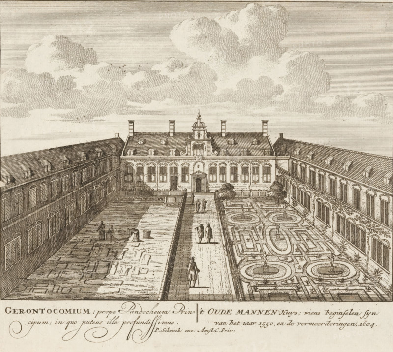 View of the courtyard of the Old Men's House in Amsterdam, Gerontocomium, prope Pandocheum Principum in quo putens ille profundissimus, 't Oude Mannen-Huys, wherein principes zyn van het jaar 1550, en de vermeerderingen 1604, 100 Illustratiee der principee bouwen van Amsterdam, print, Series number, 29, 100, Numbered lower right: 29., printmaker, grantor of privilege, Barent Greve, paper, etching, height 171 mm x width 203 mm, Current state of print also used in: 100 Illustratiee der principee bouwen van Amsterdam. Amsterdam: Pieter Schenk (I), sa 1710-1711. And in: 100 Illustratiee der principee bouwen van Amsterdam. Amsterdam: Barent Greve, sa. 1757-1766.* *In the second edition, published by Barent Greve, only the title page has been modified. The other prints have remained unchanged., courtyard, old-people's home, public welfare, Amsterdam, Oudemannenhuis (Amsterdam), A detailed pen-and-ink view shows a formal courtyard flanked by long, multi-story buildings with rows of windows an...